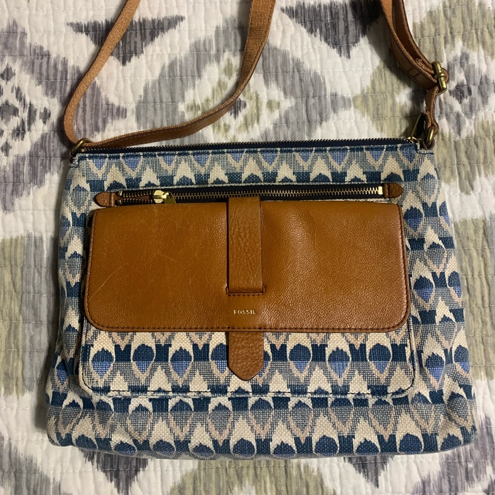 Fossil Blue and Brown Geometric Crossbody Bag